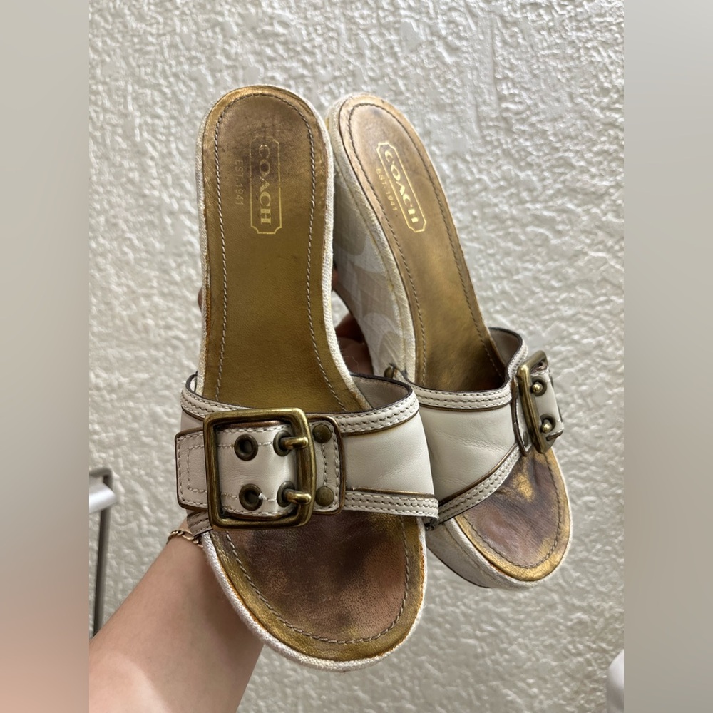 Coach Wedge Sandals Cream Canvas Leather Buckle Slides Women